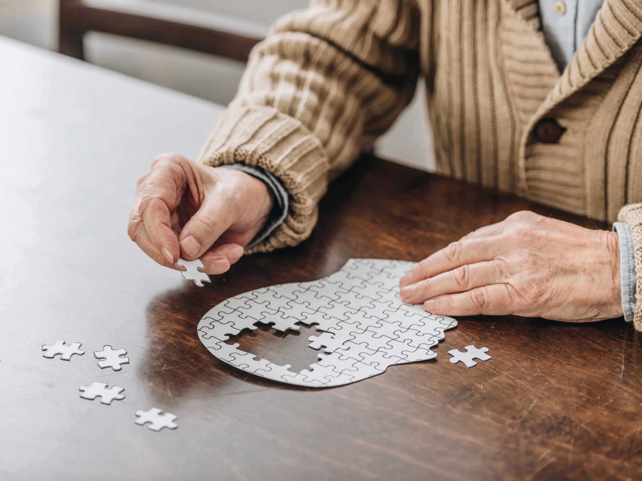 elderly woman putting together a puzzle of a picture of a head - signifying dementia vs. alzheimer's 